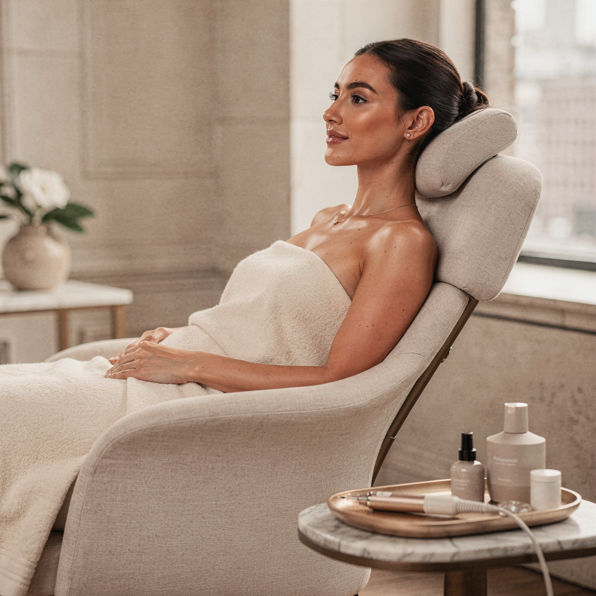 Woman relaxing in a treatment chair with skincare products and microneedling device on a nearby table